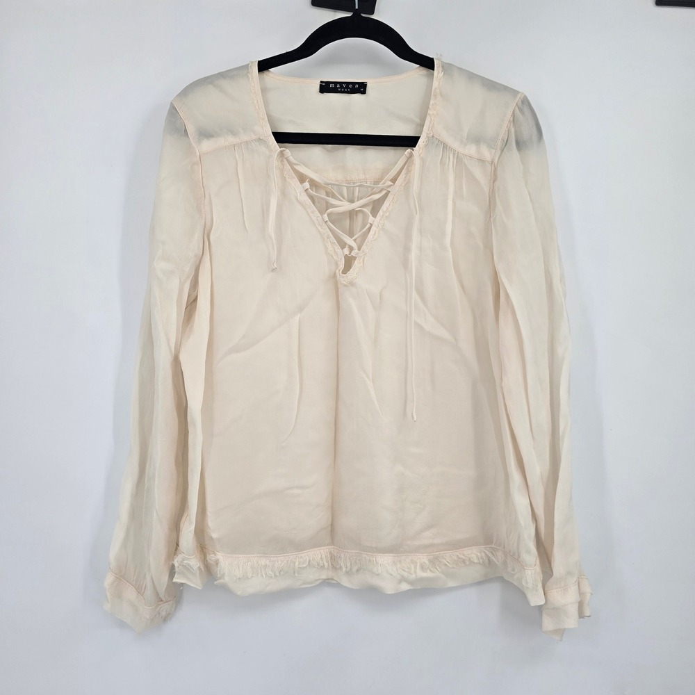 Maven West Cream Lace Up V-Neck Cupro Fringe Blouse Long Sleeve Womens Medium